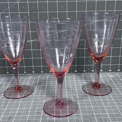 3 PINK Etched Glass Stem Ware 