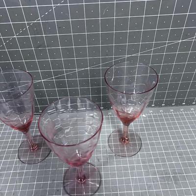 3 PINK Etched Glass Stem Ware 
