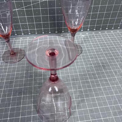 3 PINK Etched Glass Stem Ware 