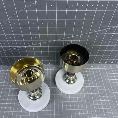 Pair of Marble Based Candle Holder in Gold Tone with Wood 
