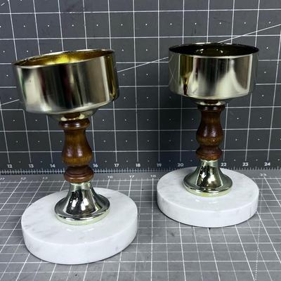 Pair of Marble Based Candle Holder in Gold Tone with Wood 