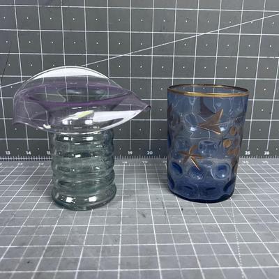Antique Colored Glass (2) Pieces; Cup & Vase