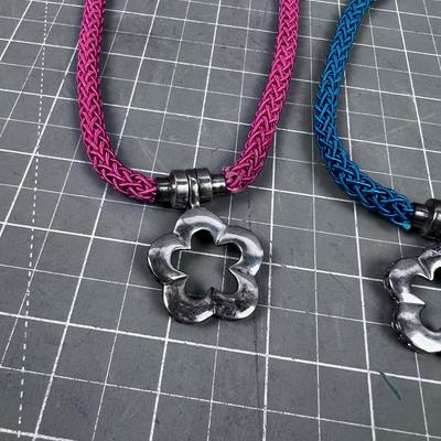Sterling and Silk Necklace Pink and Blue