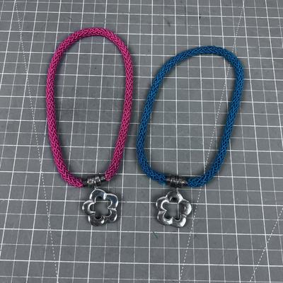 Sterling and Silk Necklace Pink and Blue
