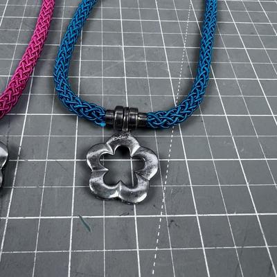 Sterling and Silk Necklace Pink and Blue