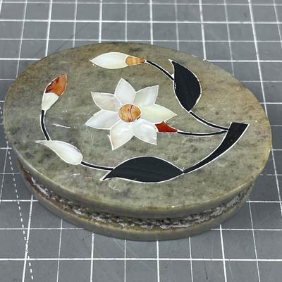 Soap Stone and Mother of Pearl Inlay OVAL Box. 