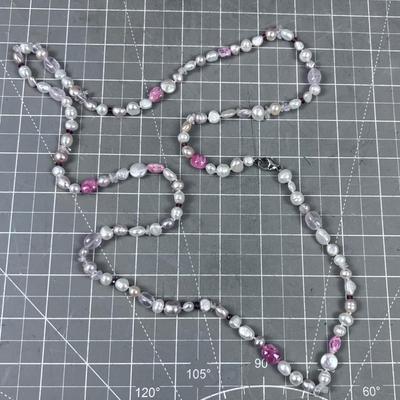 38" Pearl and Stone with Sterling Clasp Necklace