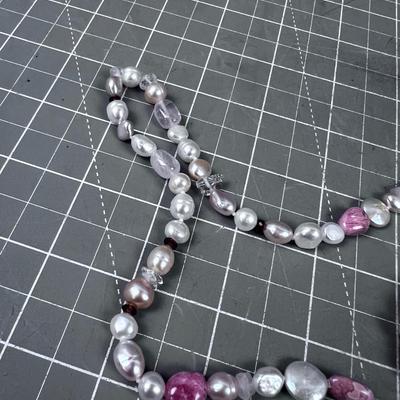 38" Pearl and Stone with Sterling Clasp Necklace