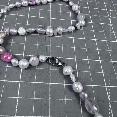 38" Pearl and Stone with Sterling Clasp Necklace