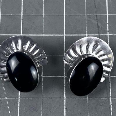 Clip-On Big Silver and Onyx Earrings