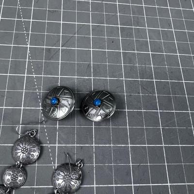 2 Sets of Earrings. Silver and Silver with Tiny Light Blue Stone. 