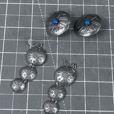 2 Sets of Earrings. Silver and Silver with Tiny Light Blue Stone. 