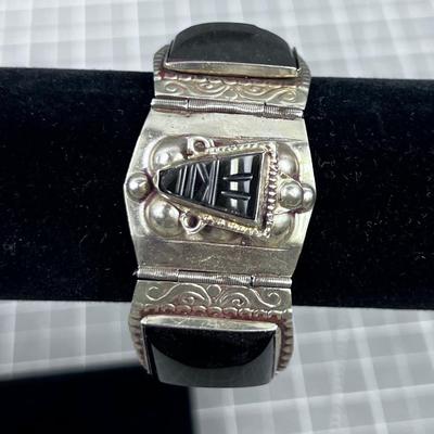 Silver Black Carved Stone Bracelet