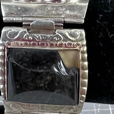 Silver Black Carved Stone Bracelet