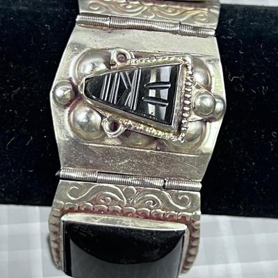 Silver Black Carved Stone Bracelet
