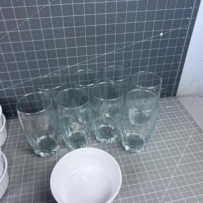 Drinking Glasses and White Bowls (Soup or Salad or Both) 