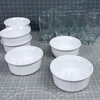 Drinking Glasses and White Bowls (Soup or Salad or Both) 