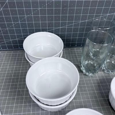 Drinking Glasses and White Bowls (Soup or Salad or Both) 