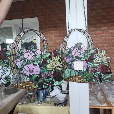 Pair Stained Glass Hanging Basket Wall Art 24" x20"