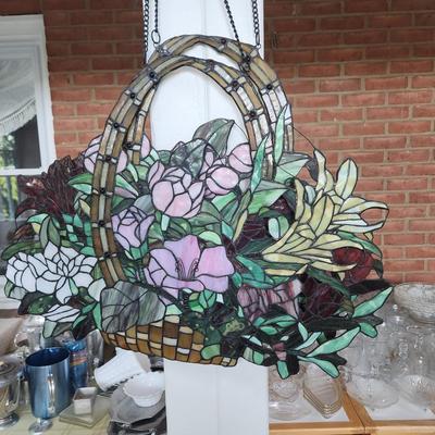 Pair Stained Glass Hanging Basket Wall Art 24" x20"