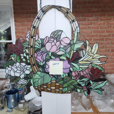 Pair Stained Glass Hanging Basket Wall Art 24" x20"