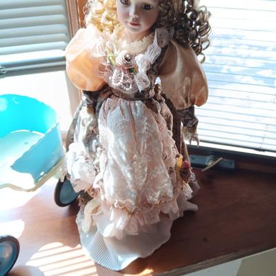 2 FANCY PORCELAIN DOLLS AND A VINTAGE METAL WALKER