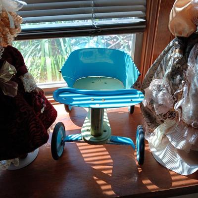 2 FANCY PORCELAIN DOLLS AND A VINTAGE METAL WALKER