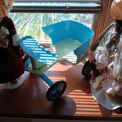 2 FANCY PORCELAIN DOLLS AND A VINTAGE METAL WALKER