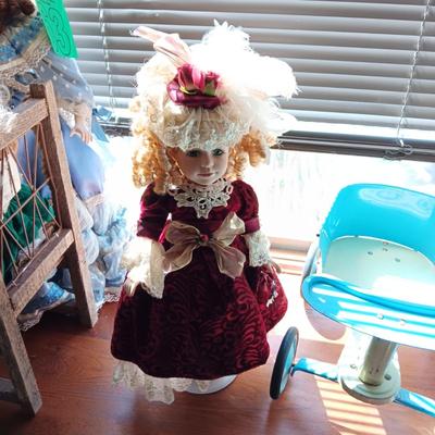 2 FANCY PORCELAIN DOLLS AND A VINTAGE METAL WALKER