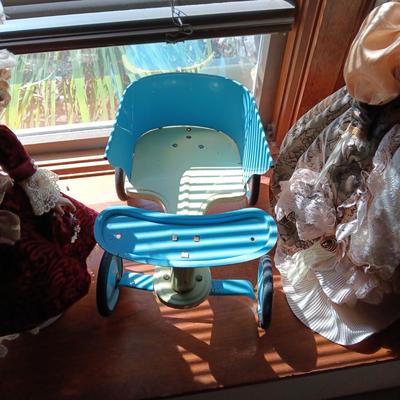 2 FANCY PORCELAIN DOLLS AND A VINTAGE METAL WALKER