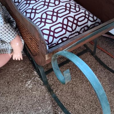 LARGE VINTAGE DOLL AND A WOODEN DISPLAY SLED