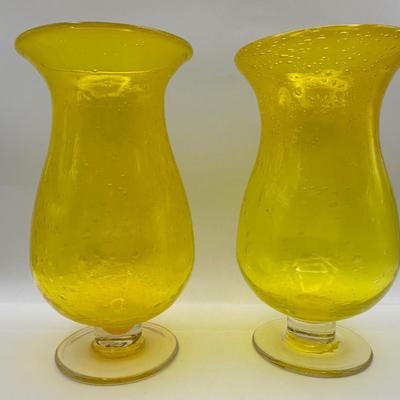 Pair of Vintage Hand Blown Yellow Glass Vases