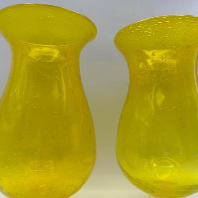 Pair of Vintage Hand Blown Yellow Glass Vases