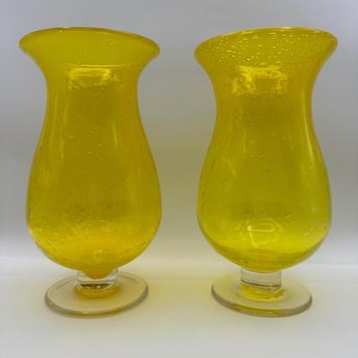 Pair of Vintage Hand Blown Yellow Glass Vases