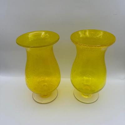 Pair of Vintage Hand Blown Yellow Glass Vases