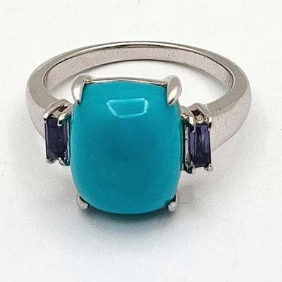 Robin's Egg Turquoise & Tourmaline Silver Ring Size 6