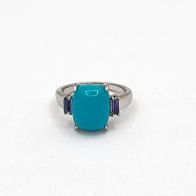 Robin's Egg Turquoise & Tourmaline Silver Ring Size 6