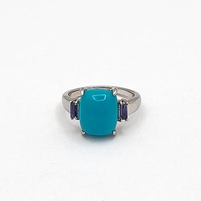 Robin's Egg Turquoise & Tourmaline Silver Ring Size 6