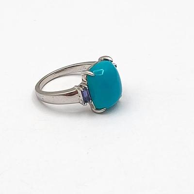 Robin's Egg Turquoise & Tourmaline Silver Ring Size 6