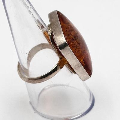 Large Square Baltic Amber Ring In Sterling Silver