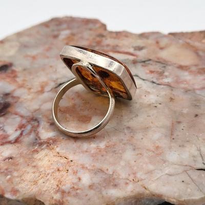 Large Square Baltic Amber Ring In Sterling Silver