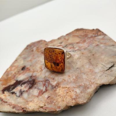 Large Square Baltic Amber Ring In Sterling Silver
