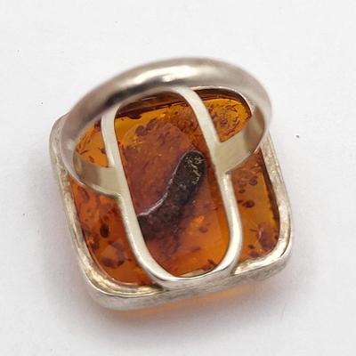 Large Square Baltic Amber Ring In Sterling Silver