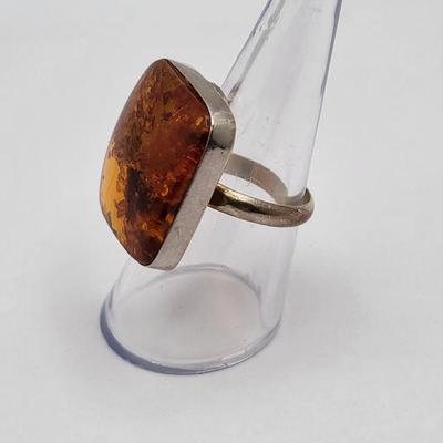 Large Square Baltic Amber Ring In Sterling Silver