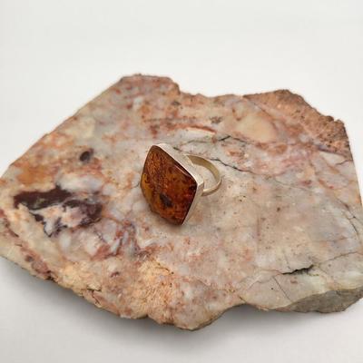 Large Square Baltic Amber Ring In Sterling Silver
