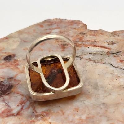 Large Square Baltic Amber Ring In Sterling Silver