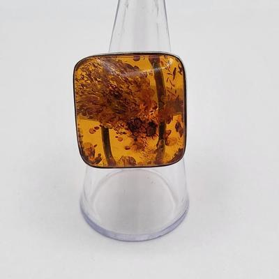 Large Square Baltic Amber Ring In Sterling Silver