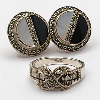 Sterling Silver & Marcasite Ring, Earrings 12.1gr