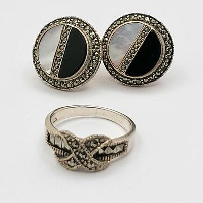 Sterling Silver & Marcasite Ring, Earrings 12.1gr