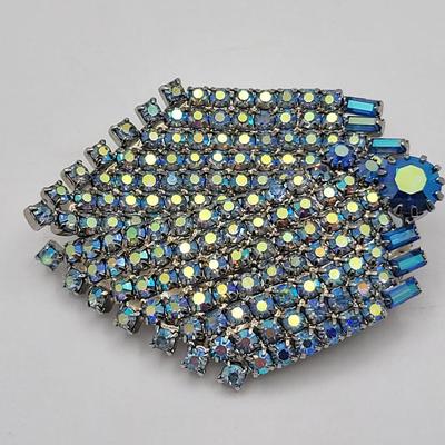Vintage Blue Aurora Borealis Rhinestone Brooch & Clip Earrings